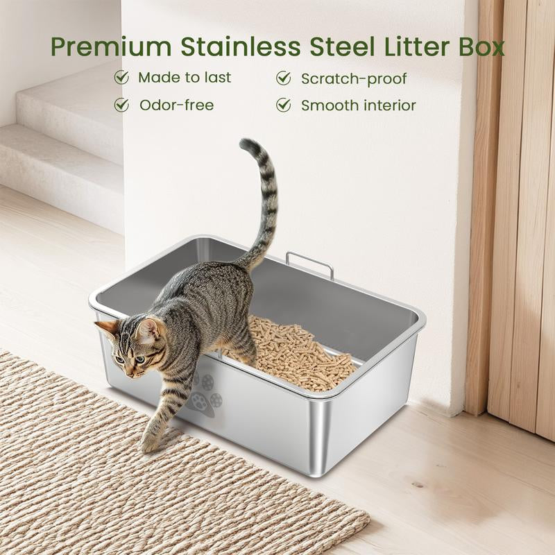 Ptlom Stainless Steel Sifting Litter Box,Sifting Cat Litter Box for Wood Pine Pellets,Odor Control,Easy to Clean,Sifter System,Scoop Tray Pet Supplies