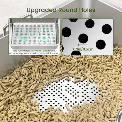 Ptlom Stainless Steel Sifting Litter Box,Sifting Cat Litter Box for Wood Pine Pellets,Odor Control,Easy to Clean,Sifter System,Scoop Tray Pet Supplies