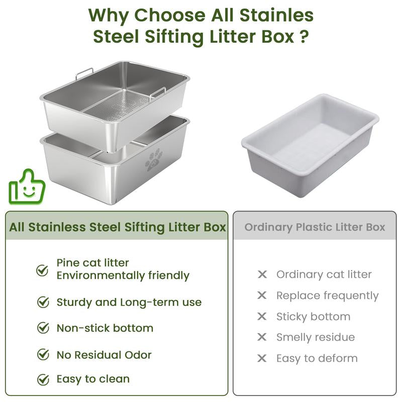 Ptlom Stainless Steel Sifting Litter Box,Sifting Cat Litter Box for Wood Pine Pellets,Odor Control,Easy to Clean,Sifter System,Scoop Tray Pet Supplies