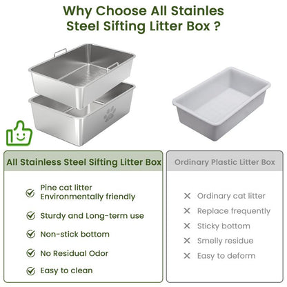 Ptlom Stainless Steel Sifting Litter Box,Sifting Cat Litter Box for Wood Pine Pellets,Odor Control,Easy to Clean,Sifter System,Scoop Tray Pet Supplies