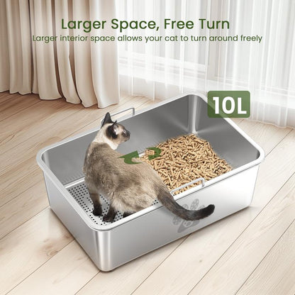 Ptlom Stainless Steel Sifting Litter Box,Sifting Cat Litter Box for Wood Pine Pellets,Odor Control,Easy to Clean,Sifter System,Scoop Tray Pet Supplies