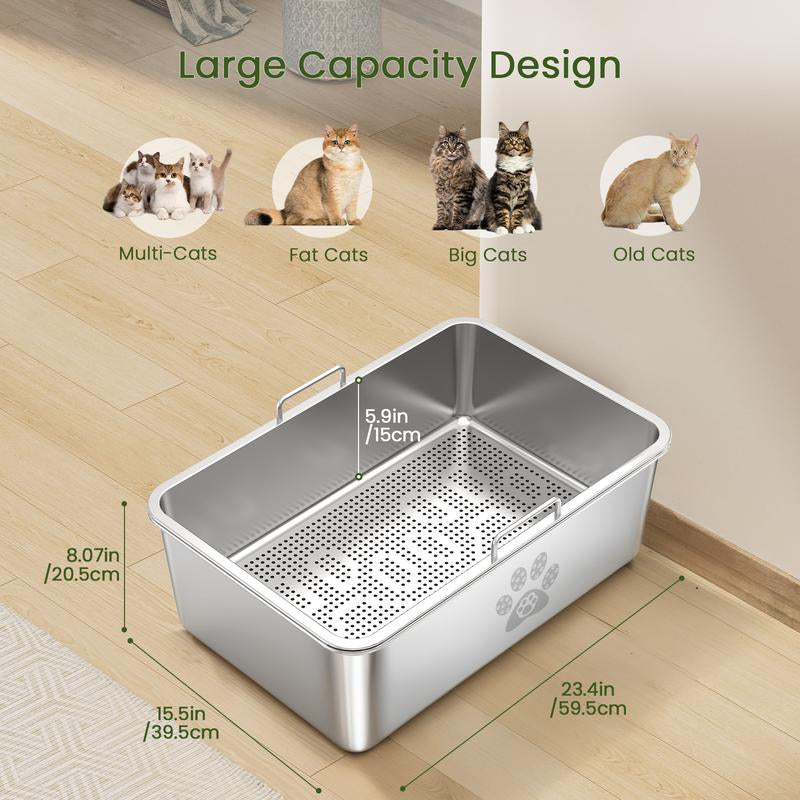 Ptlom Stainless Steel Sifting Litter Box,Sifting Cat Litter Box for Wood Pine Pellets,Odor Control,Easy to Clean,Sifter System,Scoop Tray Pet Supplies