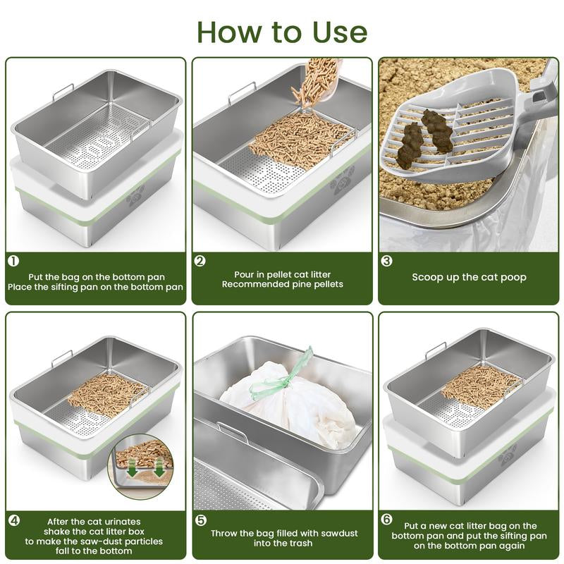 Ptlom Stainless Steel Sifting Litter Box,Sifting Cat Litter Box for Wood Pine Pellets,Odor Control,Easy to Clean,Sifter System,Scoop Tray Pet Supplies